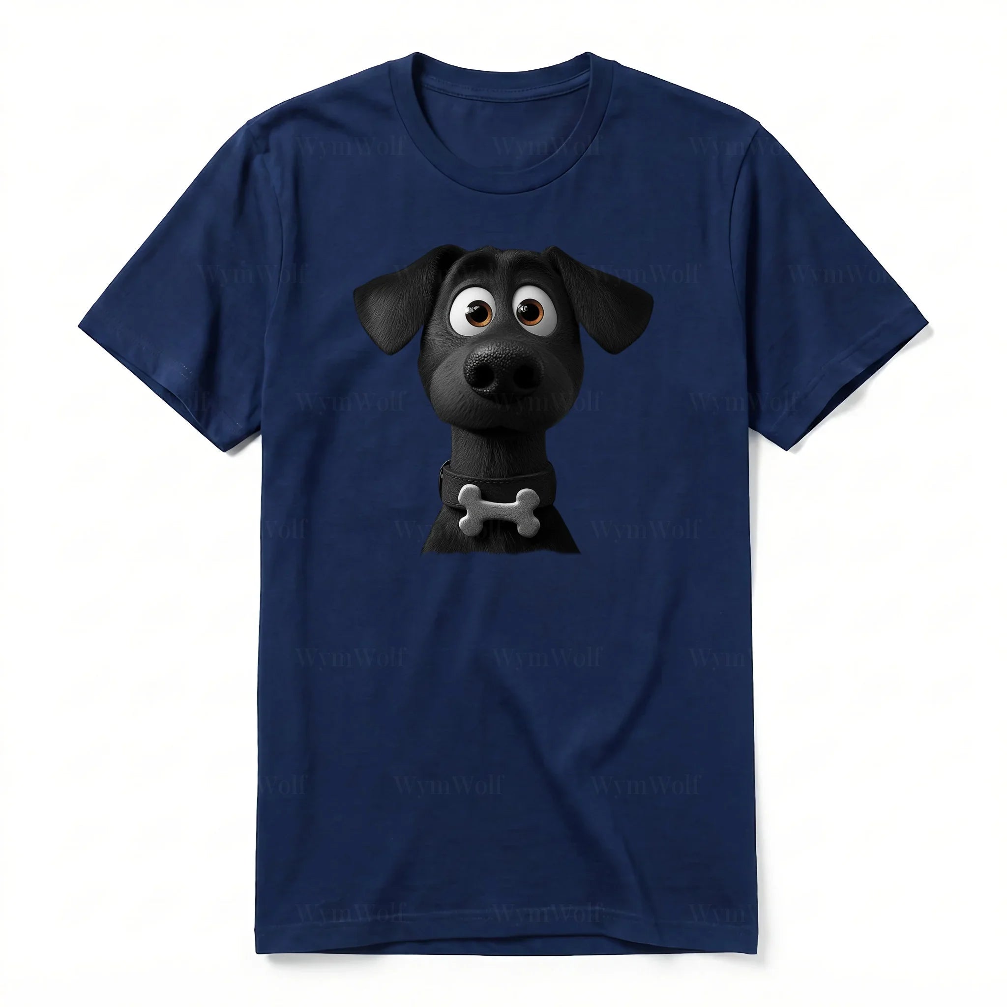 A navy short-sleeve crewneck t-shirt for adult featuring a graphic of a dog on the front.