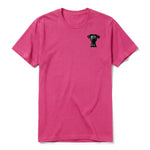 A raspberry short-sleeve crewneck t-shirt for adult featuring a graphic of a dog on the left chest.