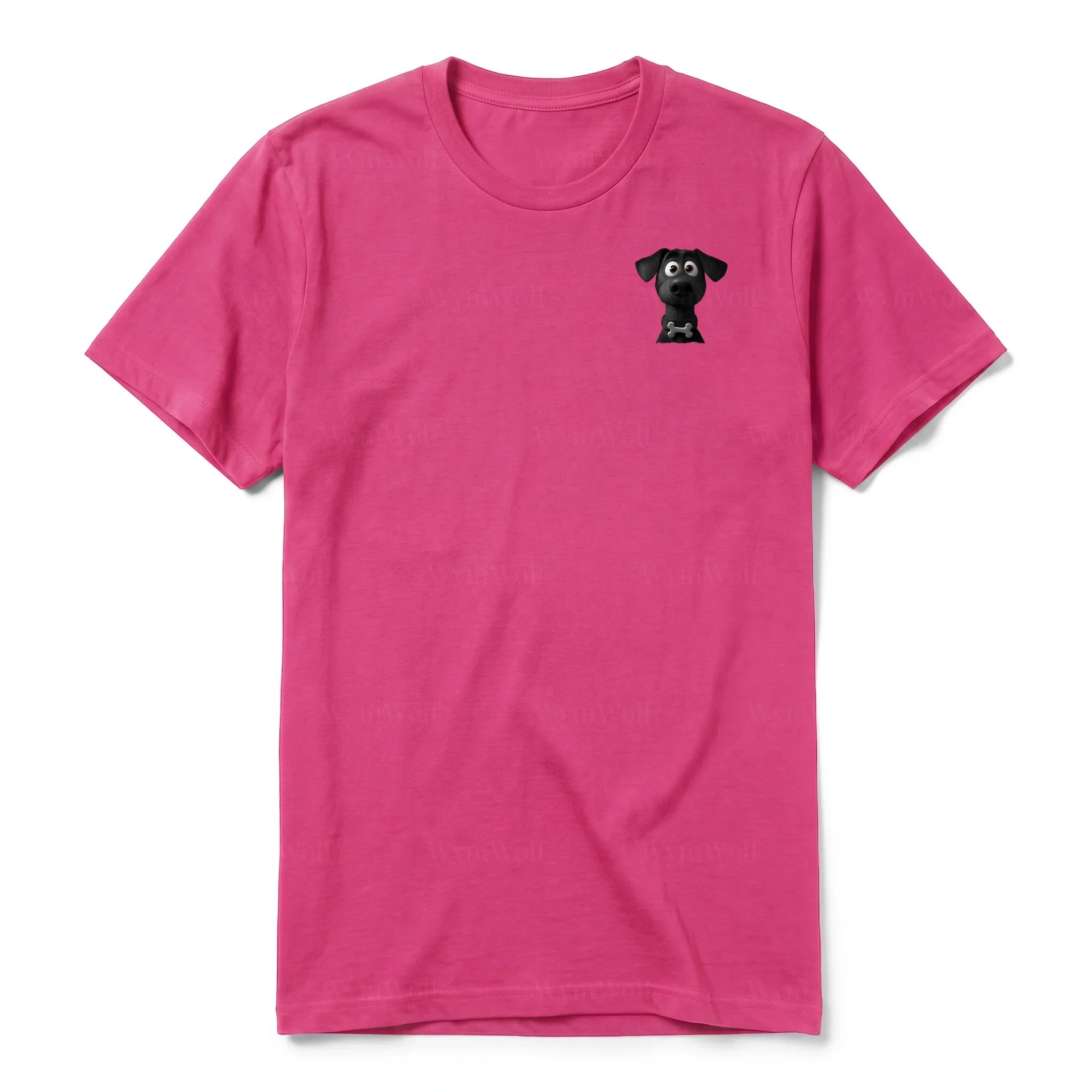 A raspberry short-sleeve crewneck t-shirt for adult featuring a graphic of a dog on the left chest.