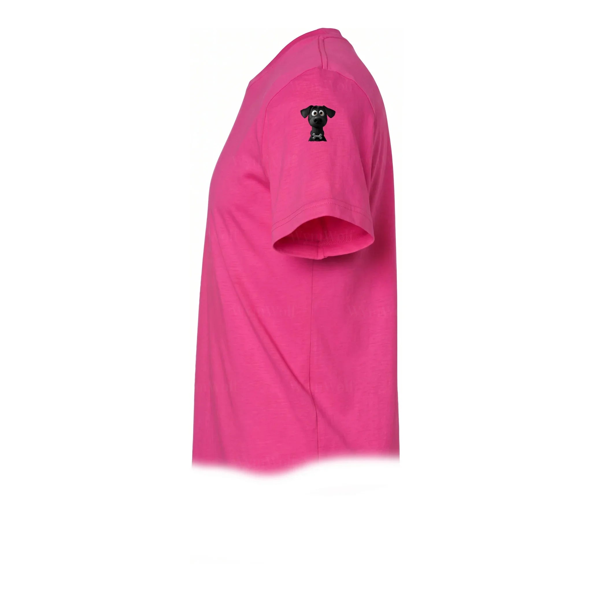 A raspberry short-sleeve crewneck t-shirt  featuring a small graphic of a dog on the upper left sleeve.