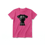 A raspberry short-sleeve crewneck t-shirt for youth featuring a graphic of a dog on the front.