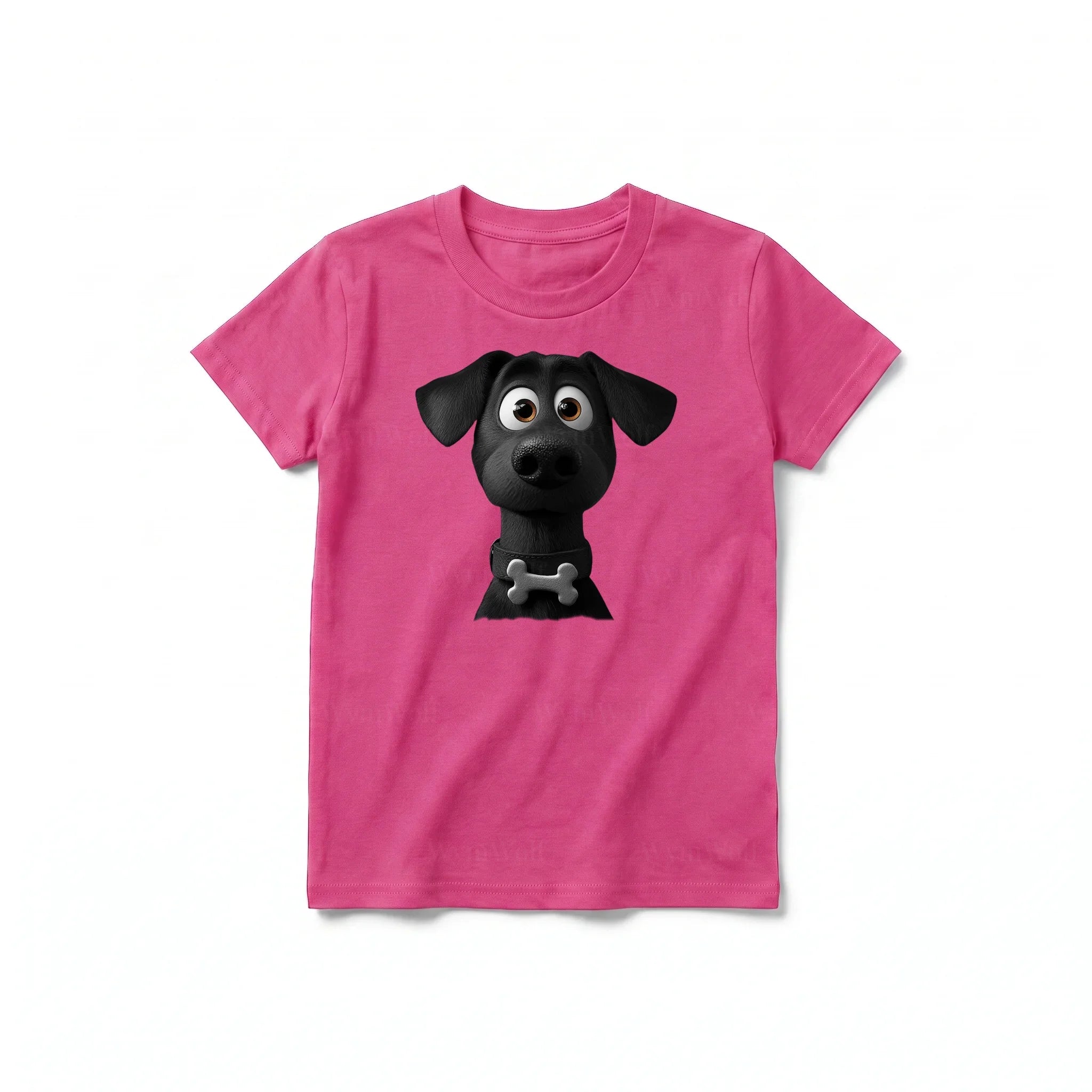 A raspberry short-sleeve crewneck t-shirt for youth featuring a graphic of a dog on the front.