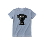 A steel-blue short-sleeve crewneck t-shirt for youth featuring a graphic of a dog on the front.