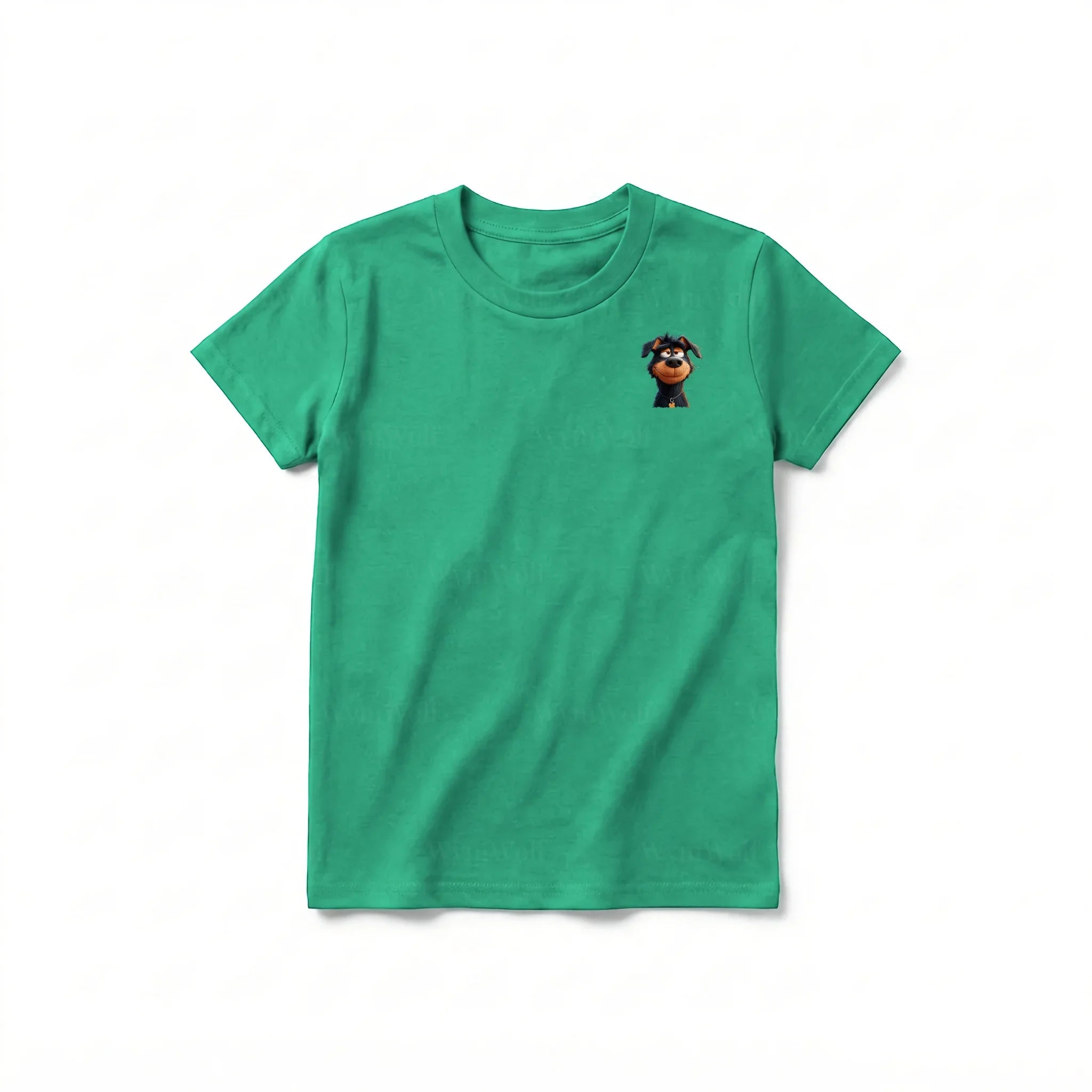 Un T-shirt kelly à manches courtes et col rond pour jeune, orné d'un motif représentant un chien sur la poitrine gauche.