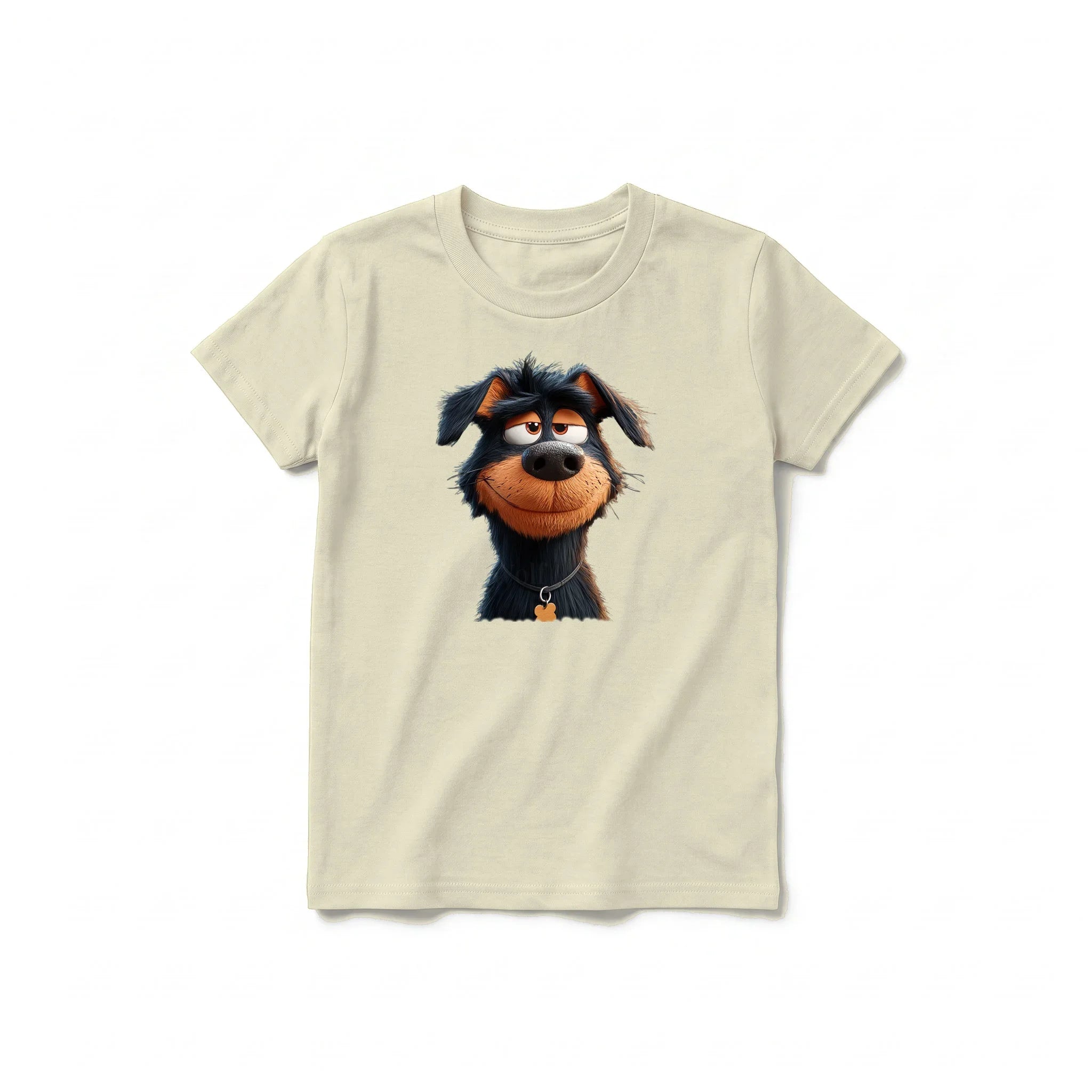 Un T-shirt latte à manches courtes et col rond pour jeune, orné d'un motif représentant un chien sur le devant.