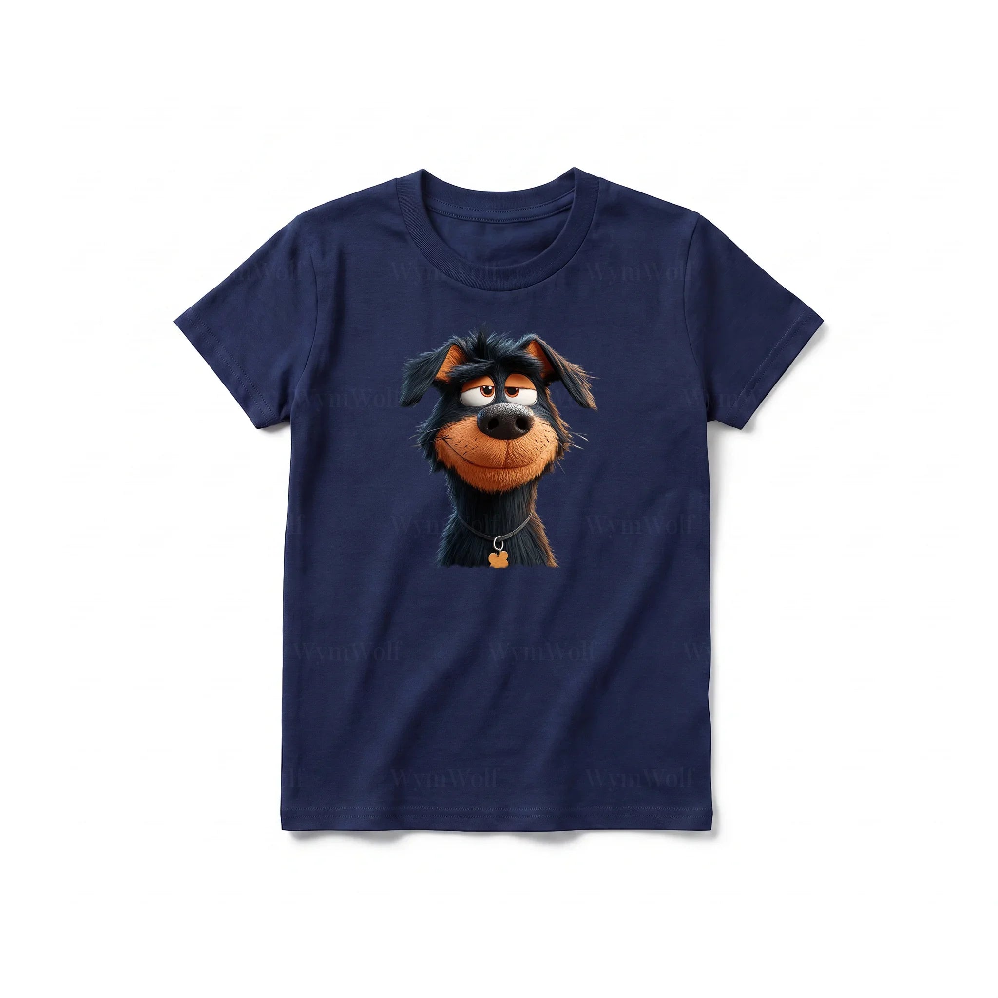 Un T-shirt marine à manches courtes et col rond pour jeune, orné d'un motif représentant un chien sur le devant.