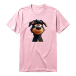 A pink short-sleeve crewneck t-shirt for adult featuring a graphic of a dog on the front.