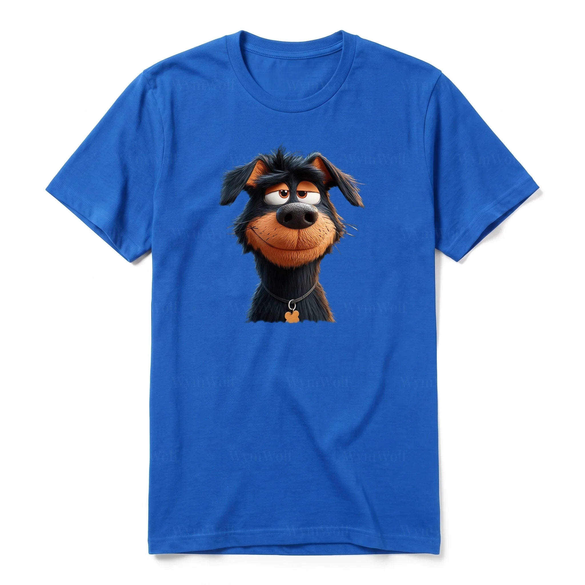 Un T-shirt royal à manches courtes et col rond, orné d'un motif représentant un chien sur le devant.