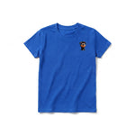 Un T-shirt royal à manches courtes et col rond pour jeune, orné d'un motif représentant un chien sur la poitrine gauche.