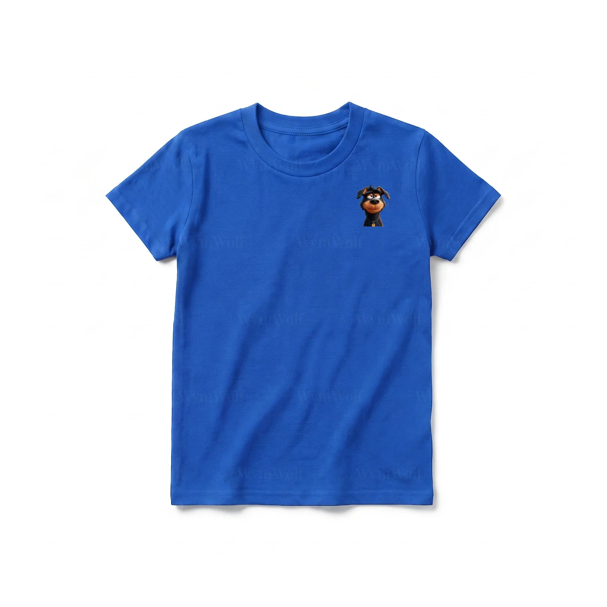 Un T-shirt royal à manches courtes et col rond pour jeune, orné d'un motif représentant un chien sur la poitrine gauche.