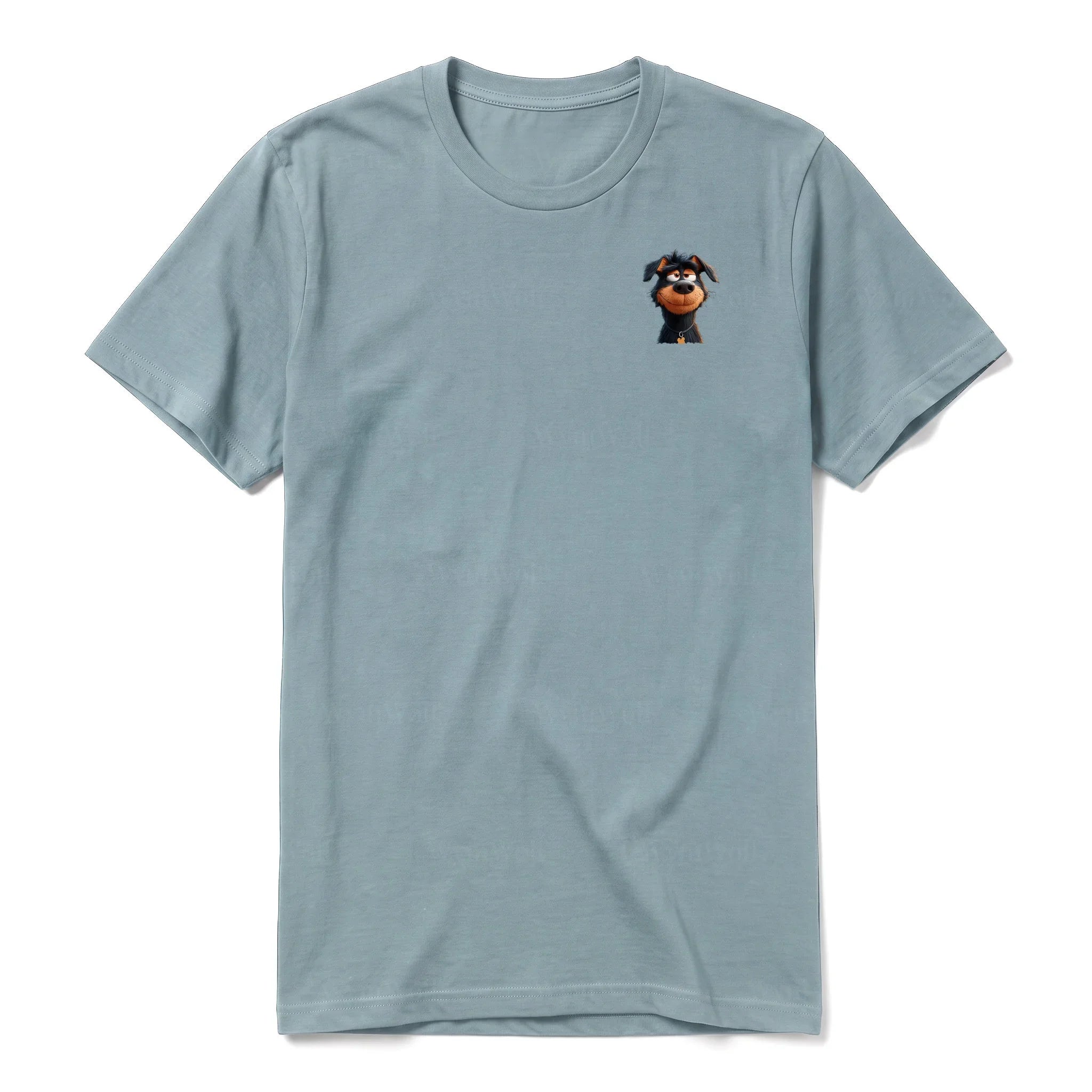 A sage short-sleeve crewneck t-shirt for adult featuring a graphic of a dog on the left chest.