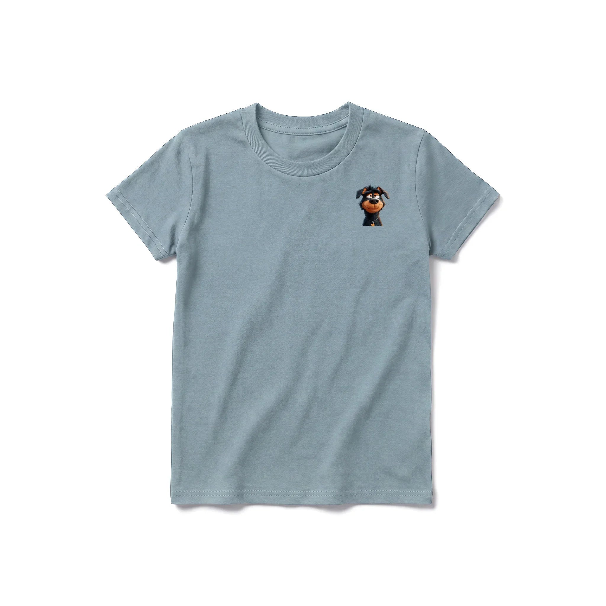 A sage short-sleeve crewneck t-shirt for youth featuring a graphic of a dog on the left chest.