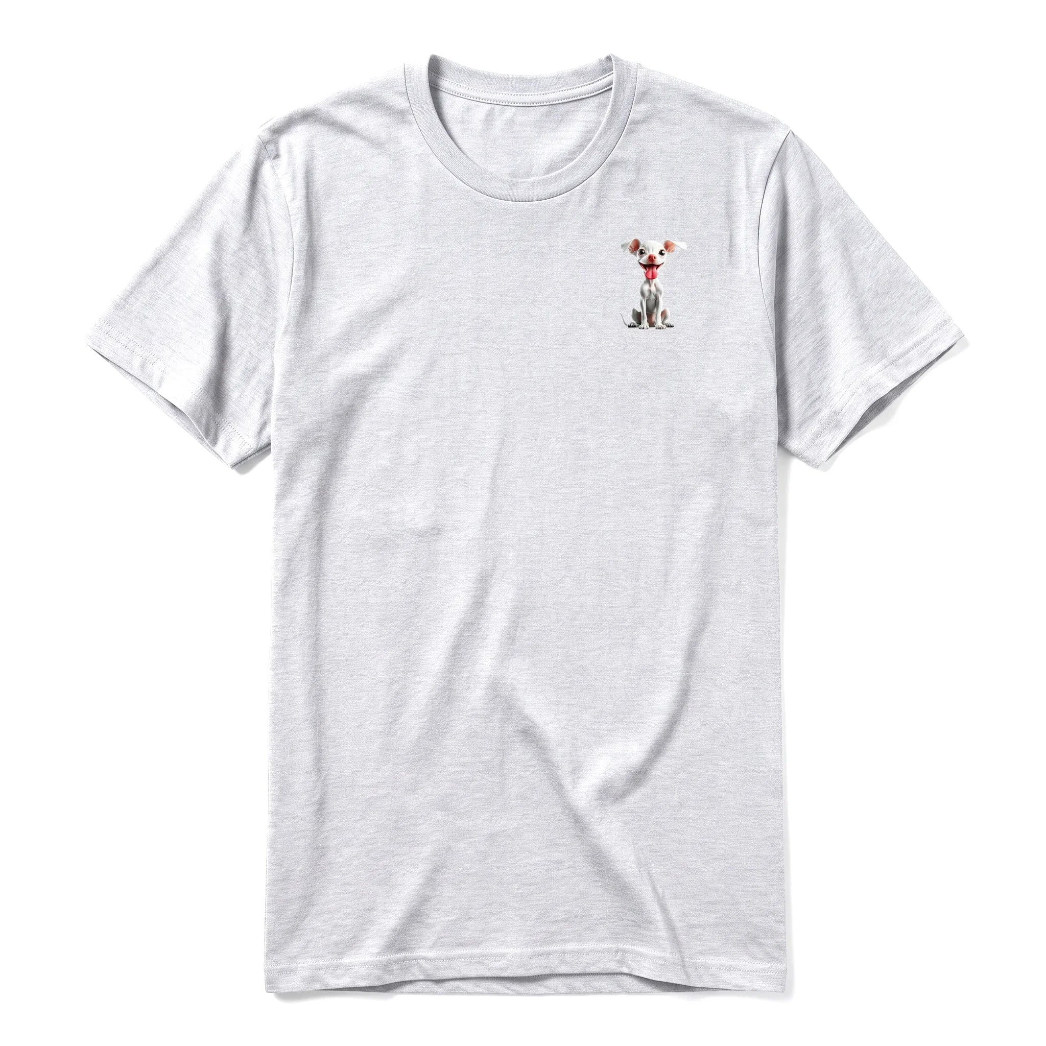 A ash grey short-sleeve crewneck t-shirt for adult featuring a graphic of a dog on the left chest.
