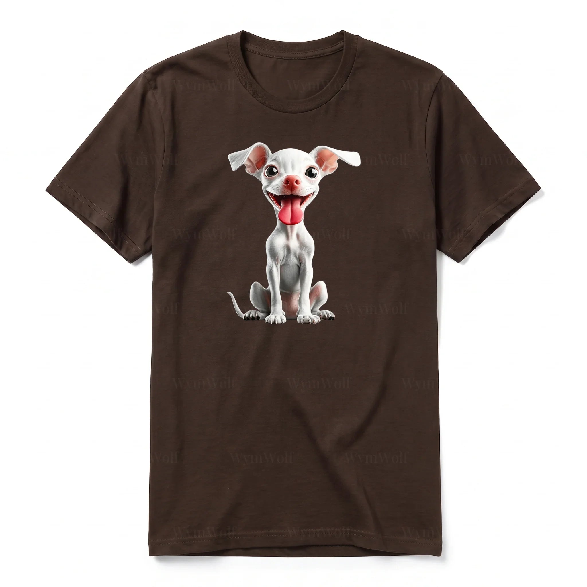 Un T-shirt chocolat à manches courtes et col rond, orné d'un motif représentant un chien sur le devant.