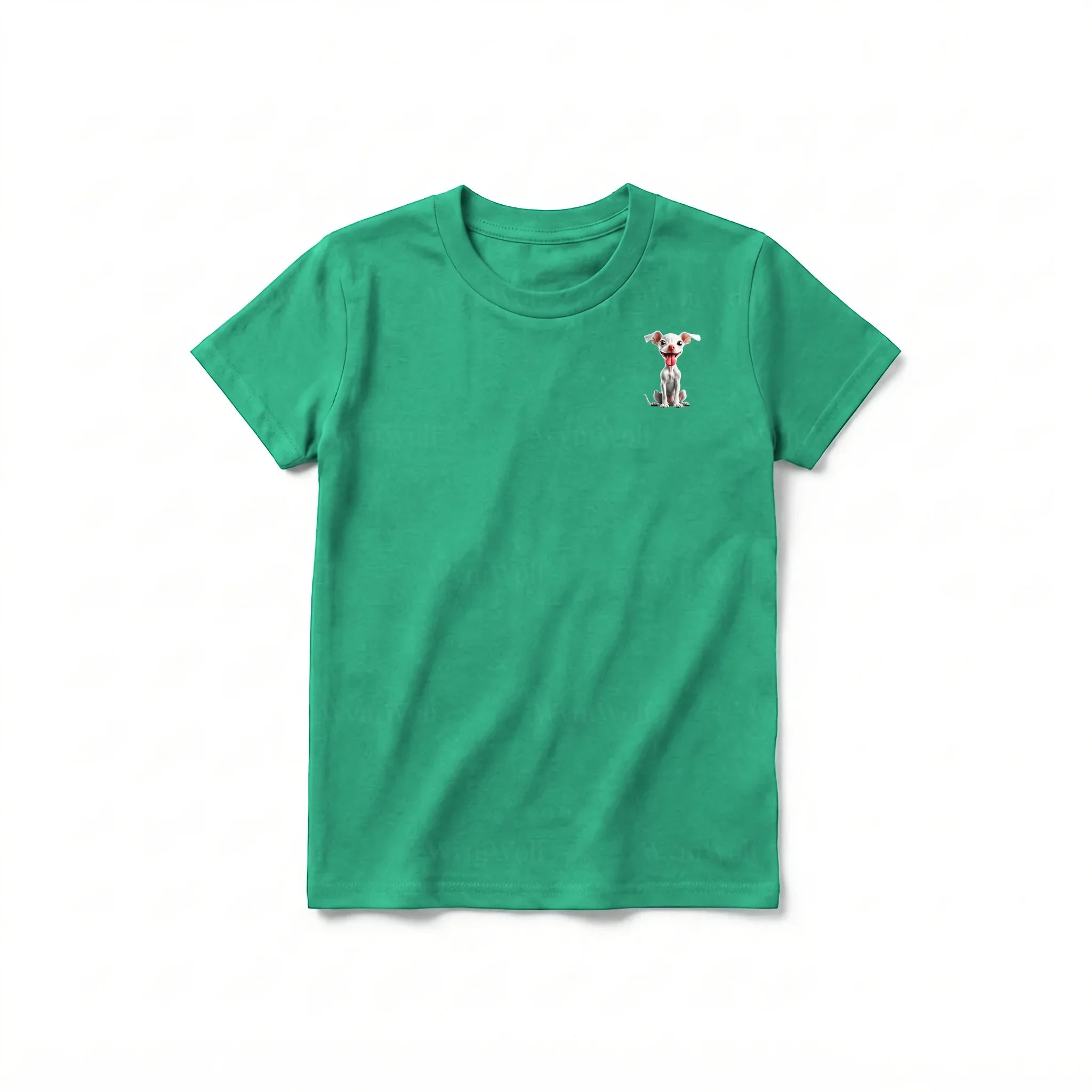Un T-shirt kelly à manches courtes et col rond pour jeune, orné d'un motif représentant un chien sur la poitrine gauche.