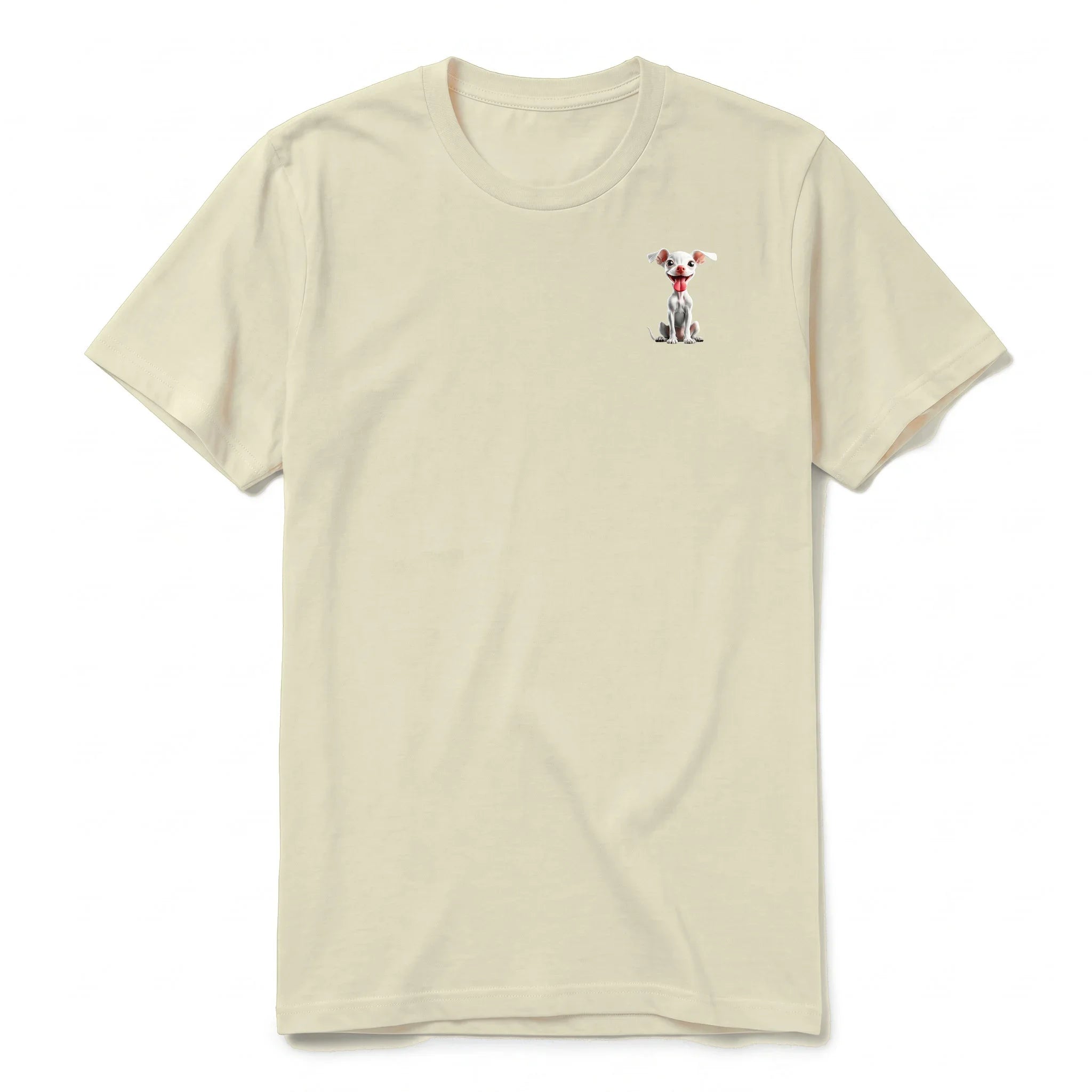 A latte short-sleeve crewneck t-shirt for adult featuring a graphic of a dog on the left chest.