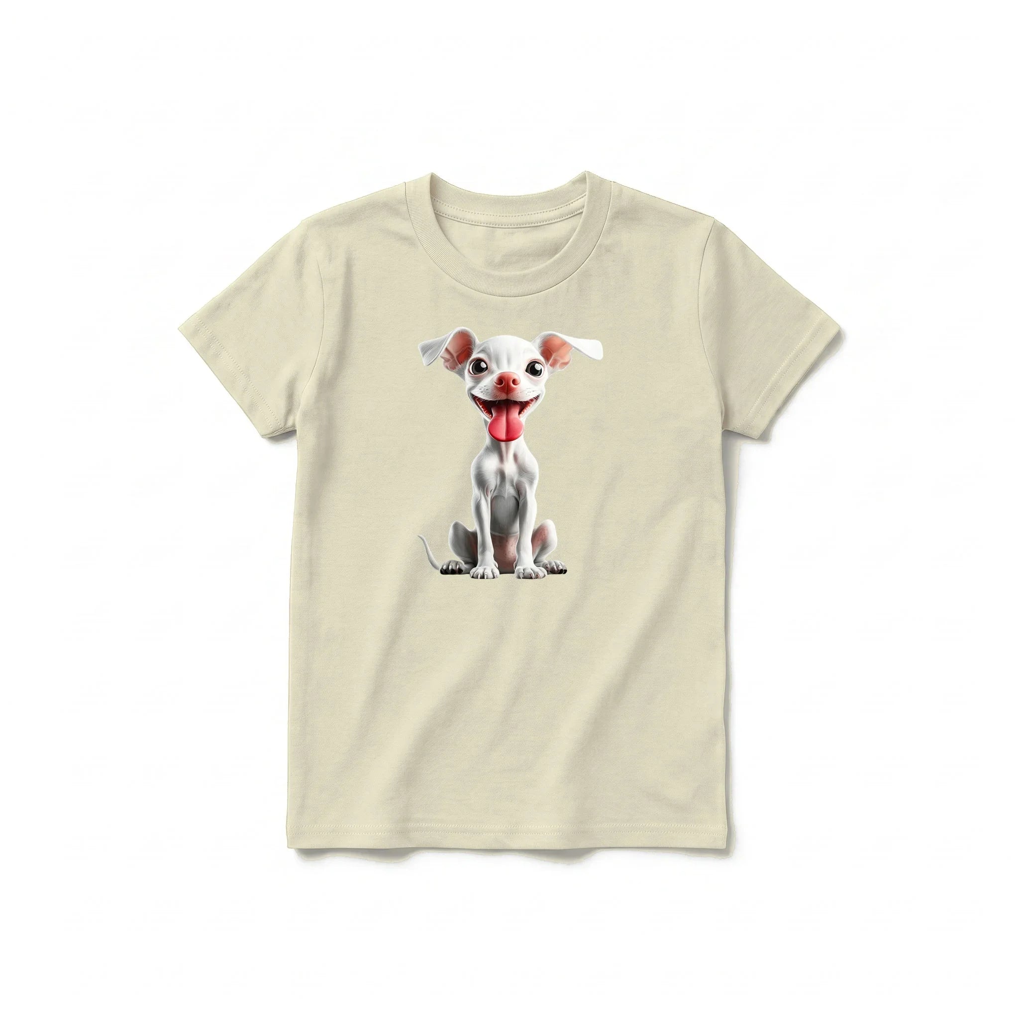 A latte short-sleeve crewneck t-shirt for youth featuring a graphic of a dog on the front.