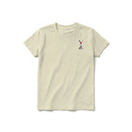 A latte short-sleeve crewneck t-shirt for youth featuring a graphic of a dog on the left chest.