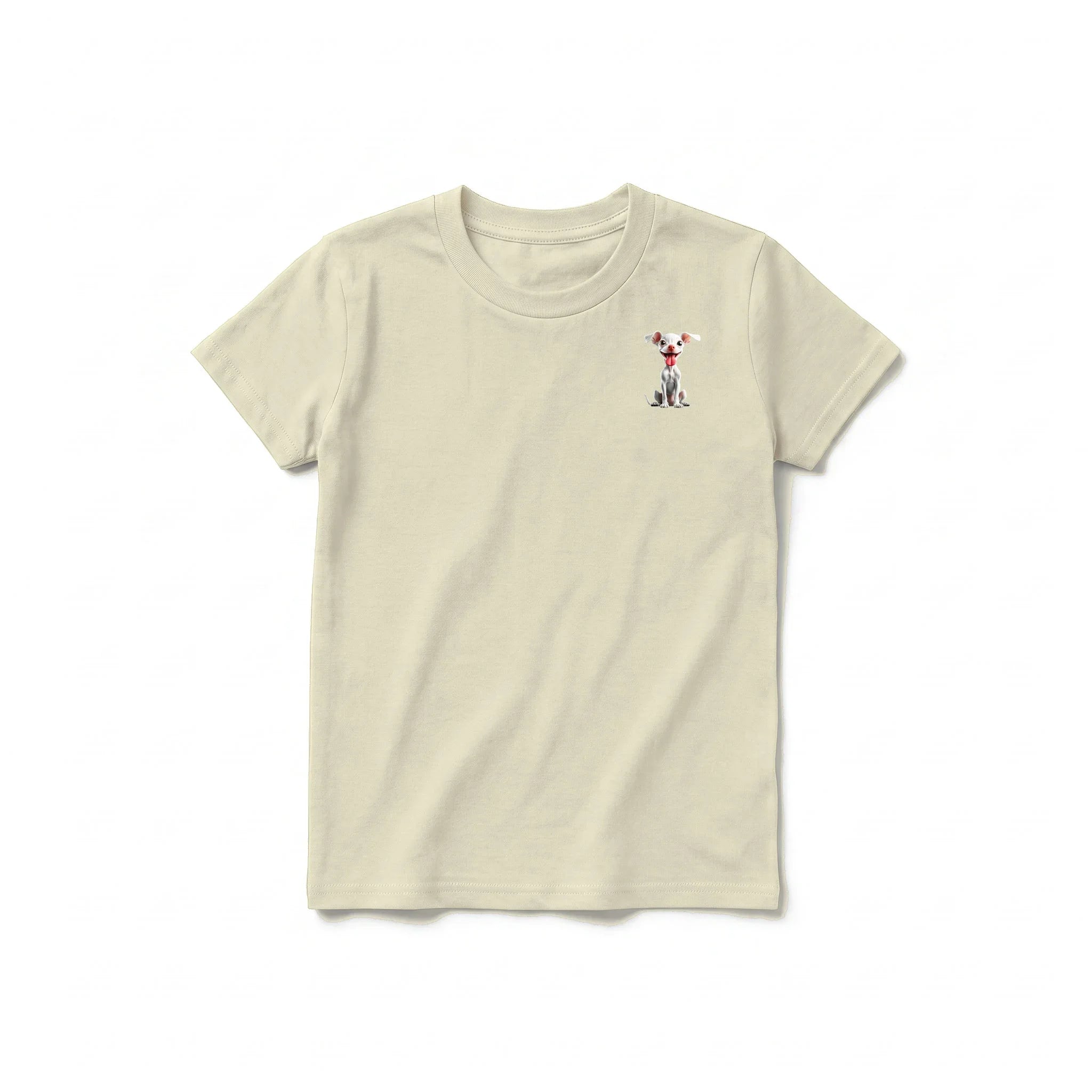 A latte short-sleeve crewneck t-shirt for youth featuring a graphic of a dog on the left chest.