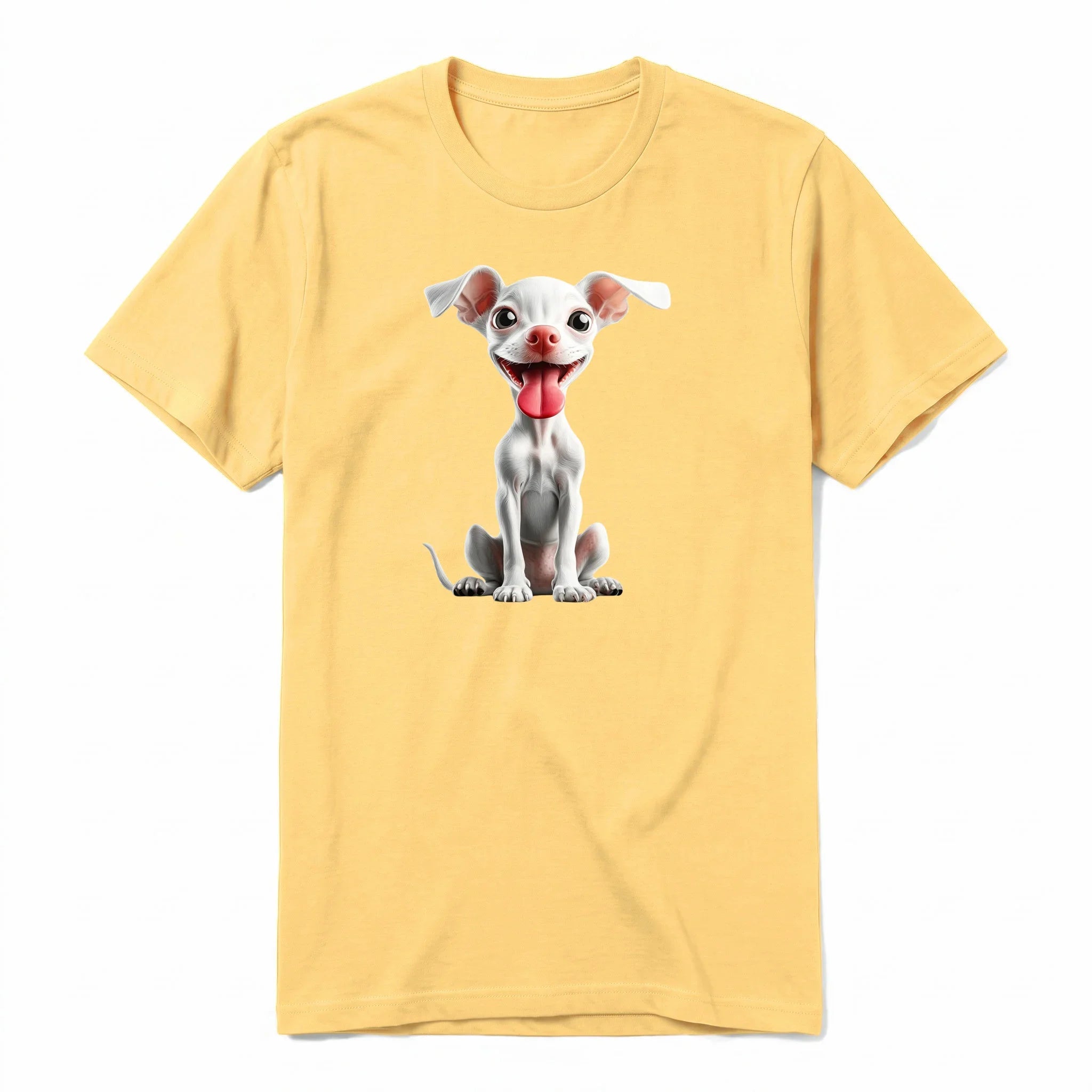Un T-shirt moutarde à manches courtes et col rond, orné d'un motif représentant un chien sur le devant.