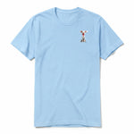 A powder short-sleeve crewneck t-shirt for adult featuring a graphic of a dog on the left chest.
