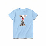 A powder short-sleeve crewneck t-shirt for youth featuring a graphic of a dog on the front.