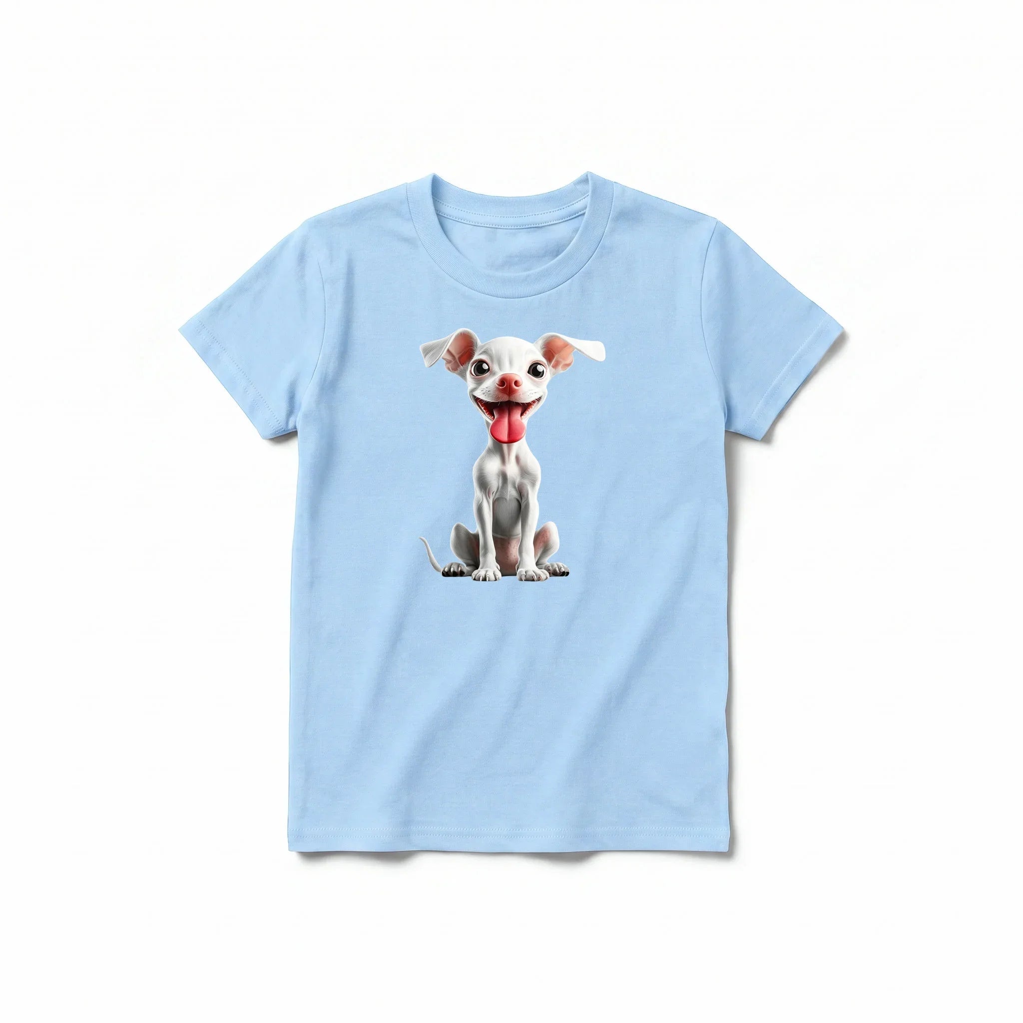 A powder short-sleeve crewneck t-shirt for youth featuring a graphic of a dog on the front.