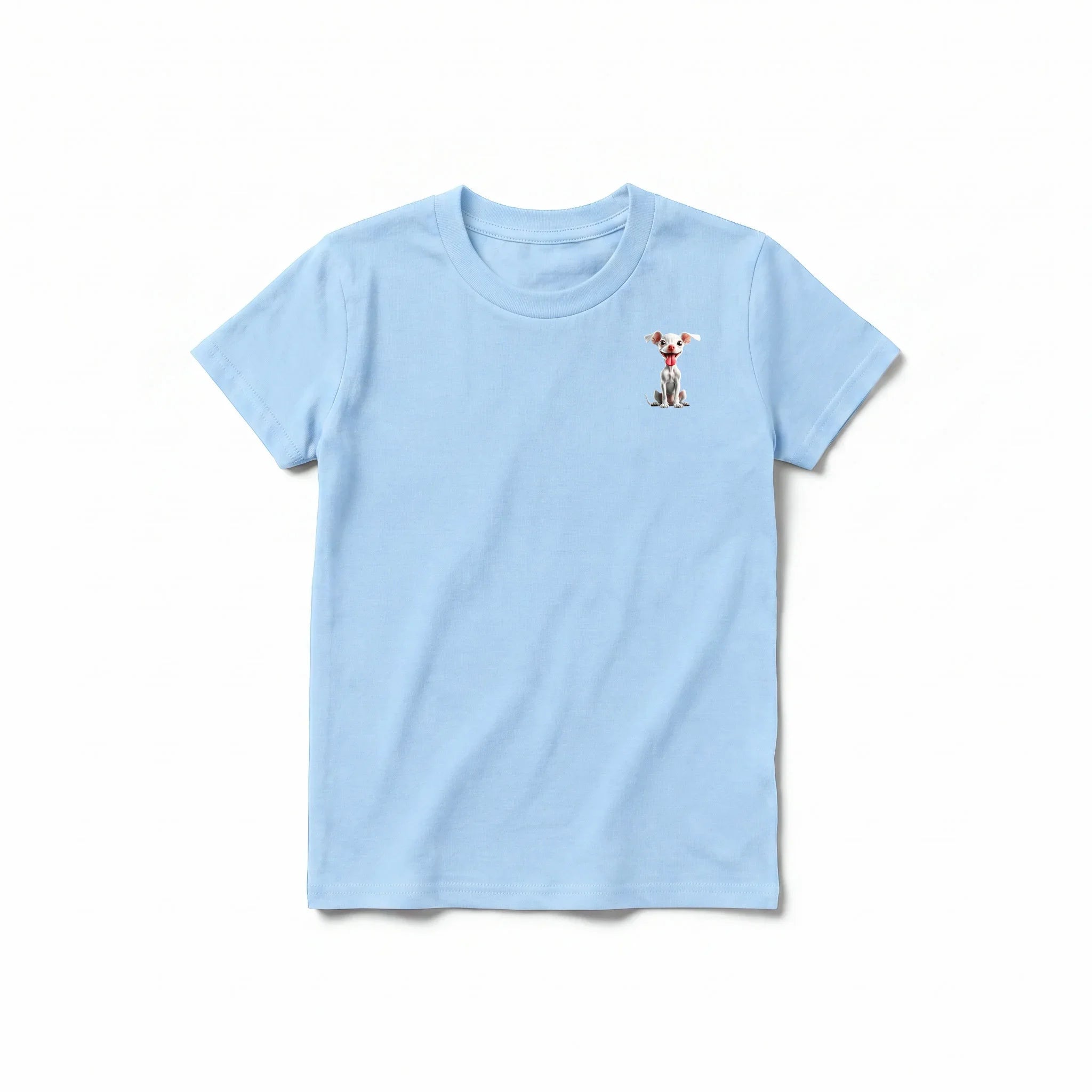 A powder short-sleeve crewneck t-shirt for youth featuring a graphic of a dog on the left chest.