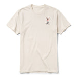 A vintage-white short-sleeve crewneck t-shirt for adult featuring a graphic of a dog on the left chest.