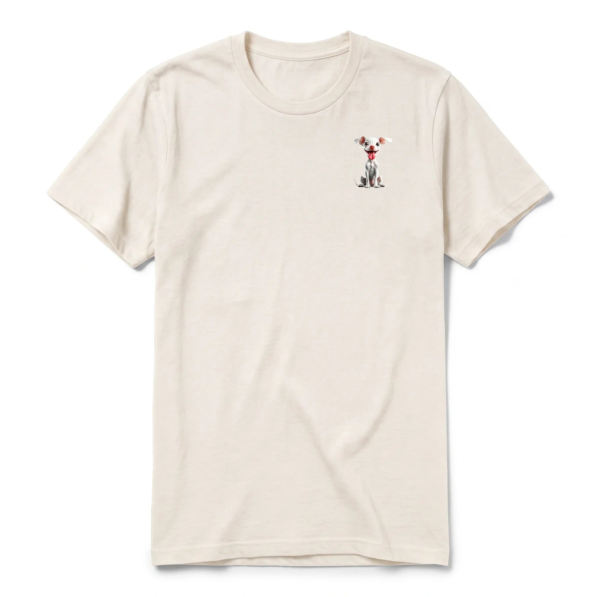 A vintage-white short-sleeve crewneck t-shirt for adult featuring a graphic of a dog on the left chest.