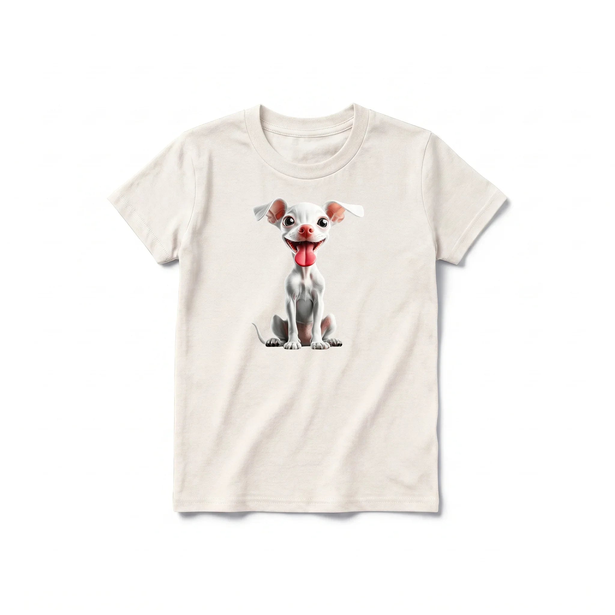 A vintage-white short-sleeve crewneck t-shirt for youth featuring a graphic of a dog on the front.