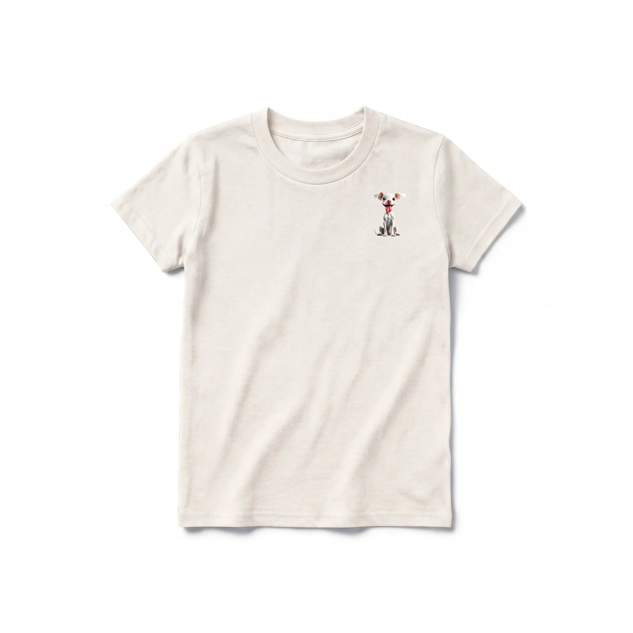 A vintage-white short-sleeve crewneck t-shirt for youth featuring a graphic of a dog on the left chest.