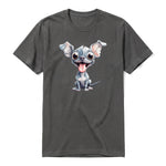 A charcoal short-sleeve crewneck t-shirt for adult featuring a graphic of a dog on the front.