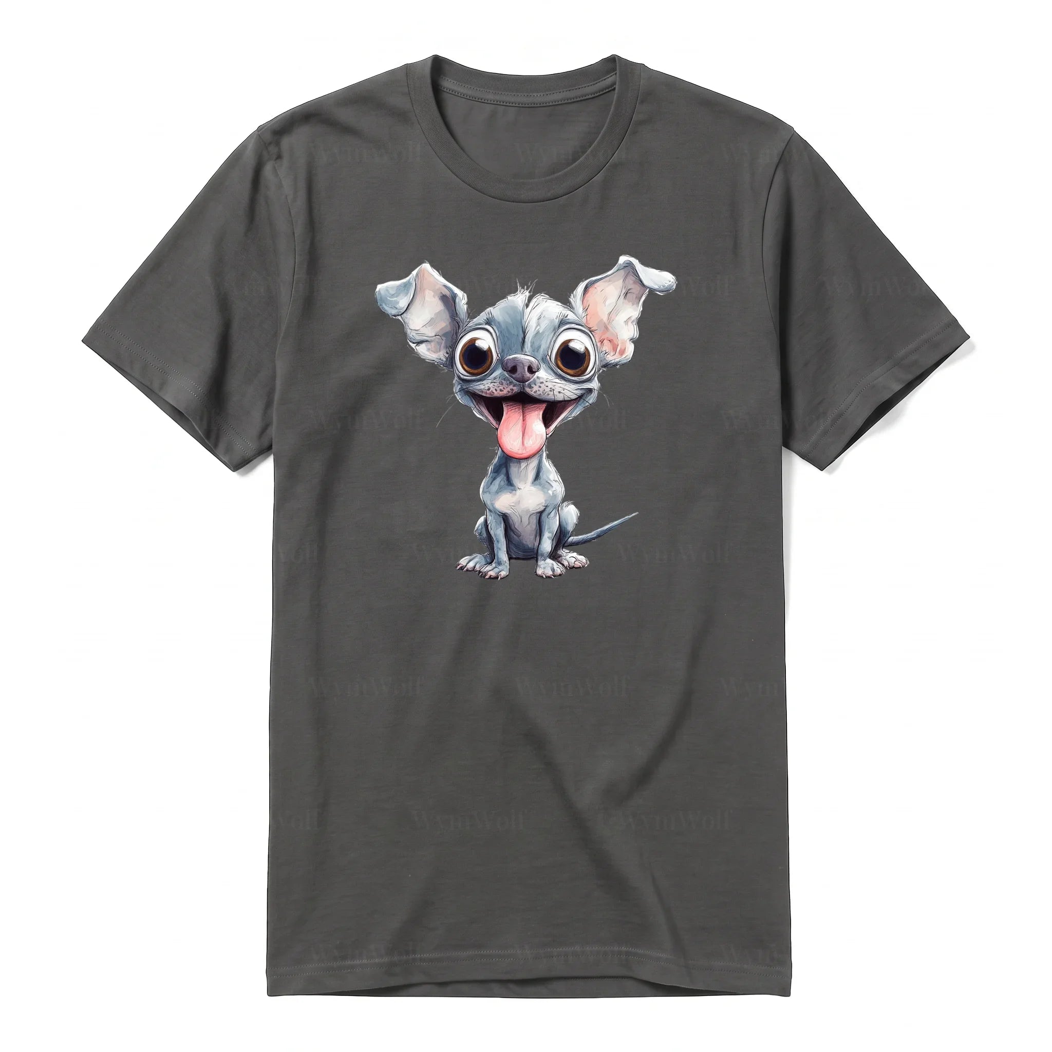 A charcoal short-sleeve crewneck t-shirt for adult featuring a graphic of a dog on the front.