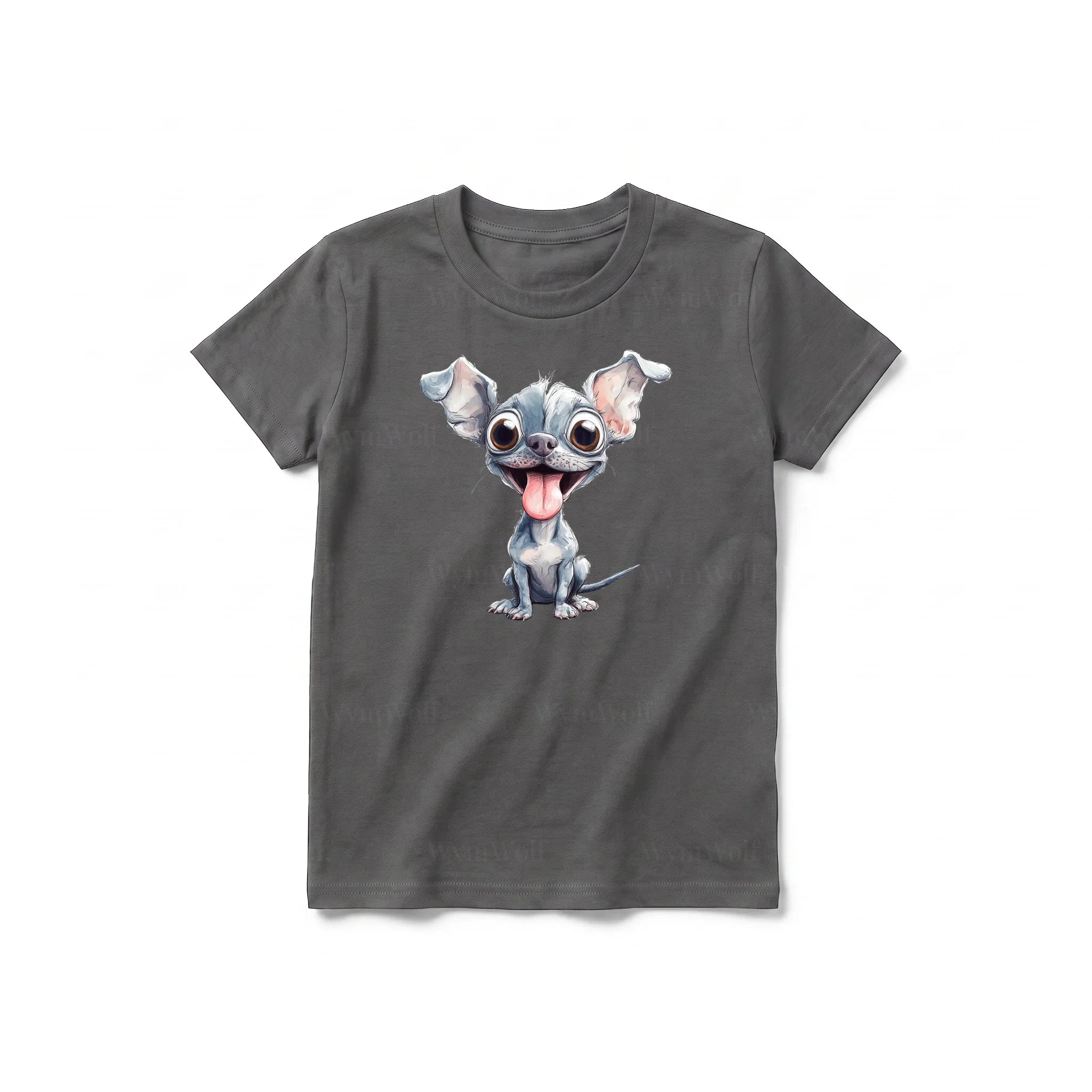 A charcoal short-sleeve crewneck t-shirt for youth featuring a graphic of a dog on the front.