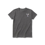 A charcoal short-sleeve crewneck t-shirt for youth featuring a graphic of a dog on the left chest.