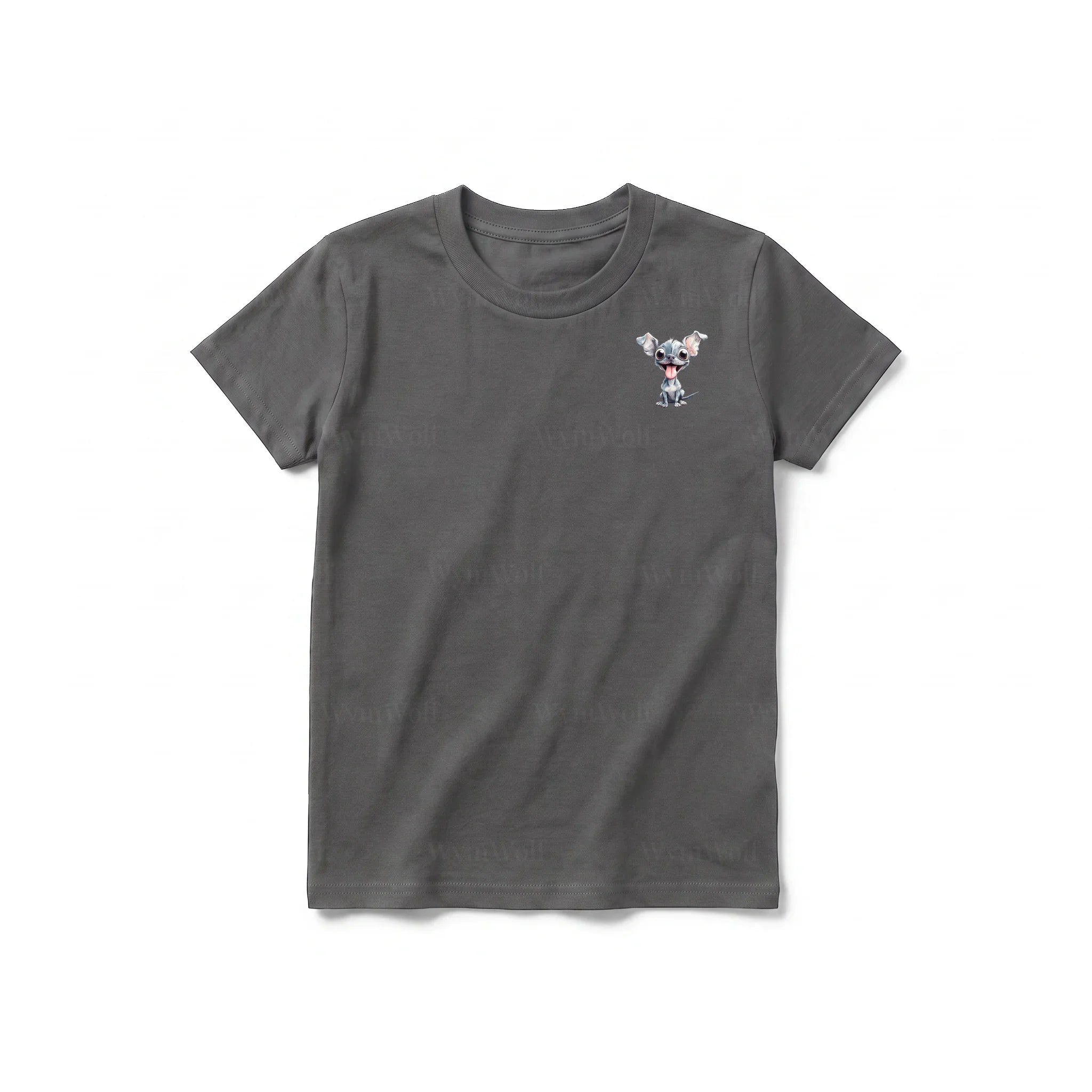 A charcoal short-sleeve crewneck t-shirt for youth featuring a graphic of a dog on the left chest.