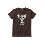 A chocolate short-sleeve crewneck t-shirt for youth featuring a graphic of a dog on the front.