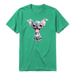 A kelly short-sleeve crewneck t-shirt for adult featuring a graphic of a dog on the front.