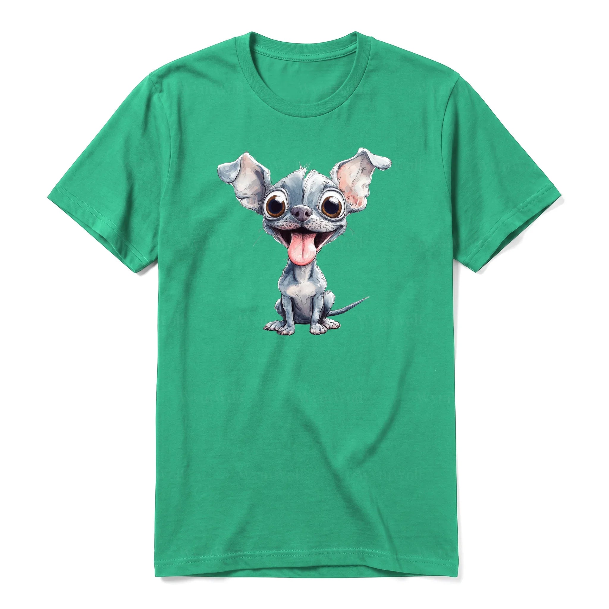 A kelly short-sleeve crewneck t-shirt for adult featuring a graphic of a dog on the front.