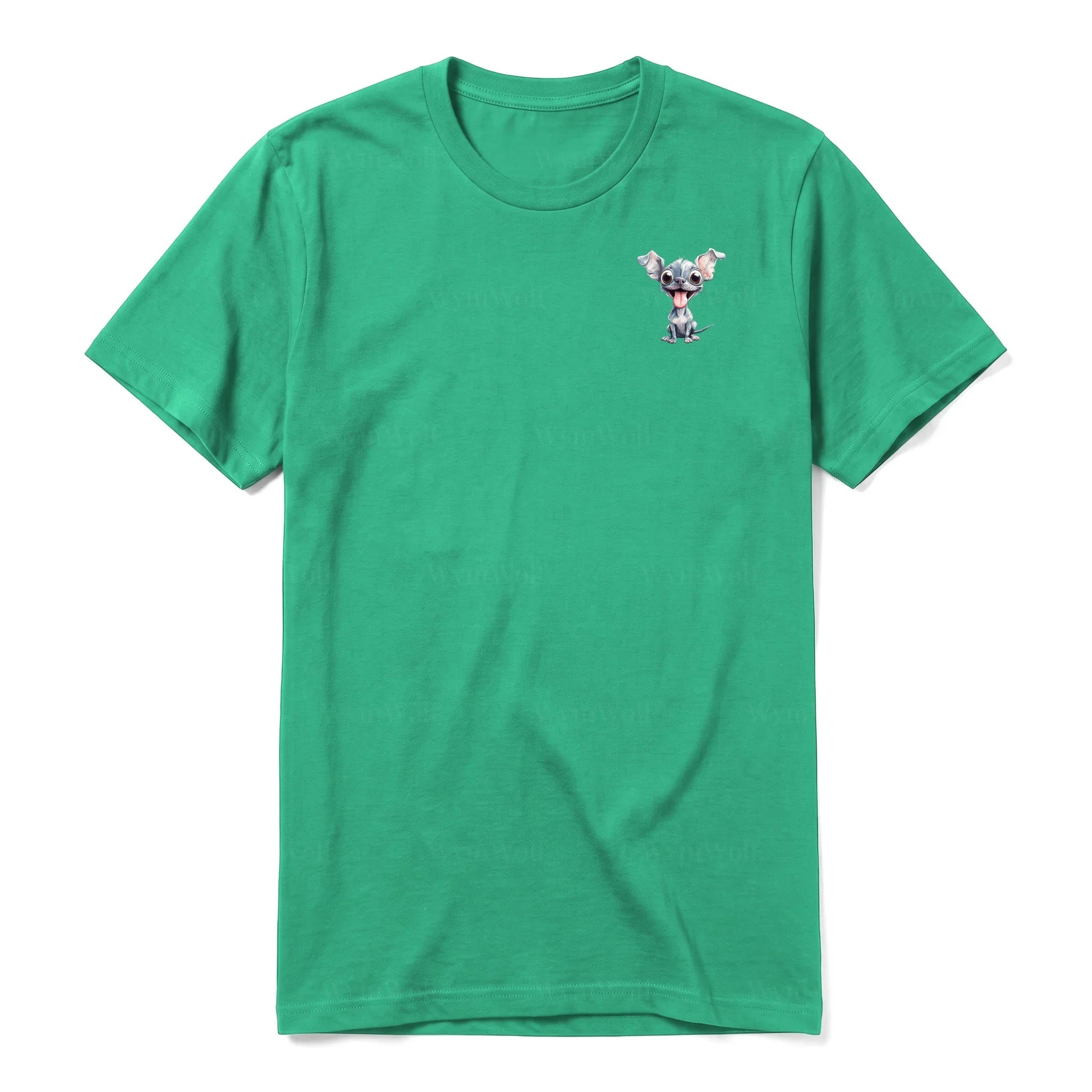 A kelly short-sleeve crewneck t-shirt for adult featuring a graphic of a dog on the left chest.