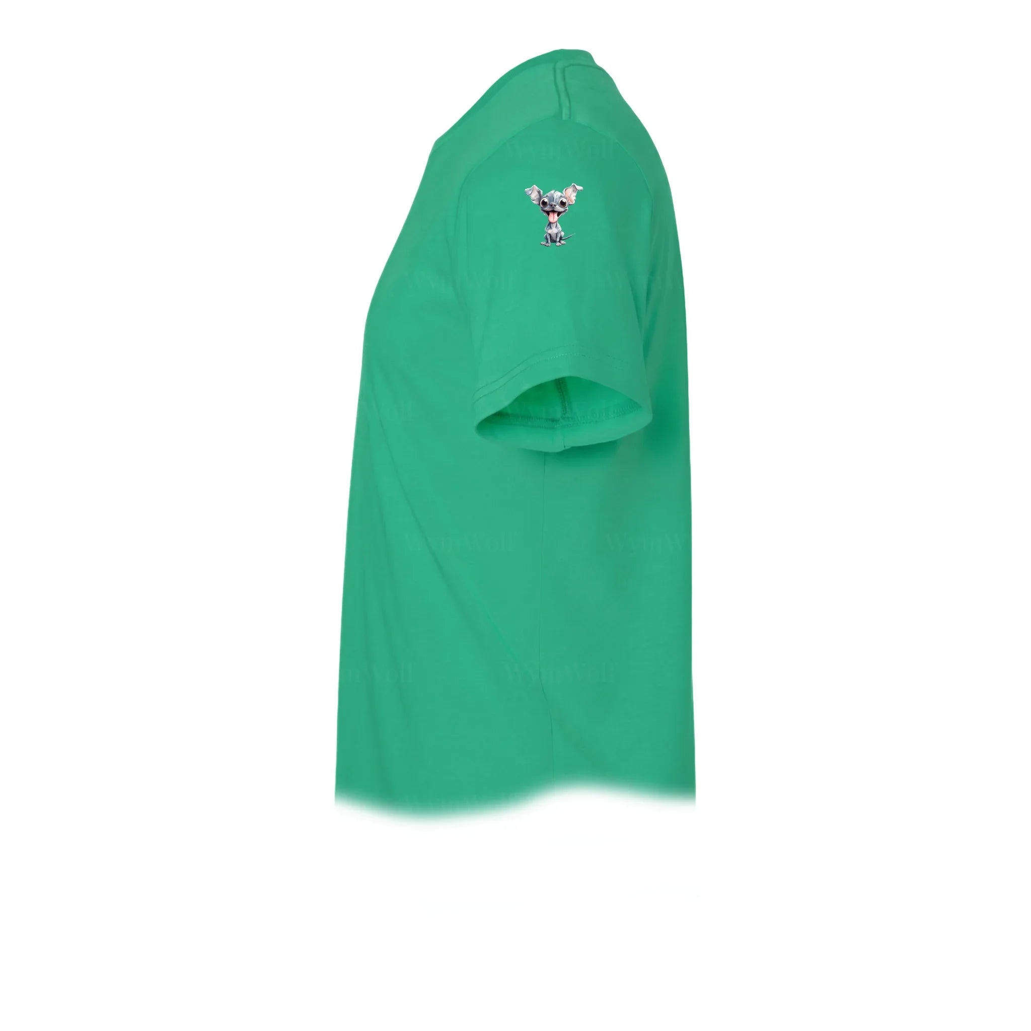 A kelly short-sleeve crewneck t-shirt  featuring a small graphic of a dog on the upper left sleeve.