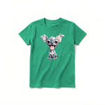 A kelly short-sleeve crewneck t-shirt for youth featuring a graphic of a dog on the front.