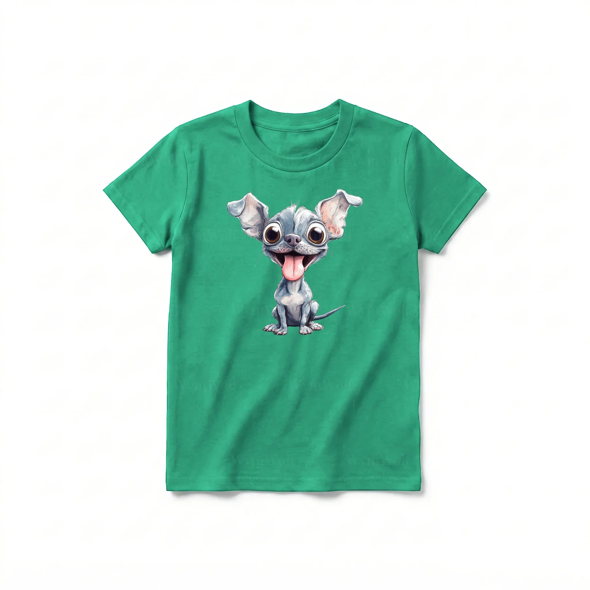 A kelly short-sleeve crewneck t-shirt for youth featuring a graphic of a dog on the front.