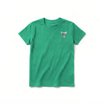 A kelly short-sleeve crewneck t-shirt for youth featuring a graphic of a dog on the left chest.