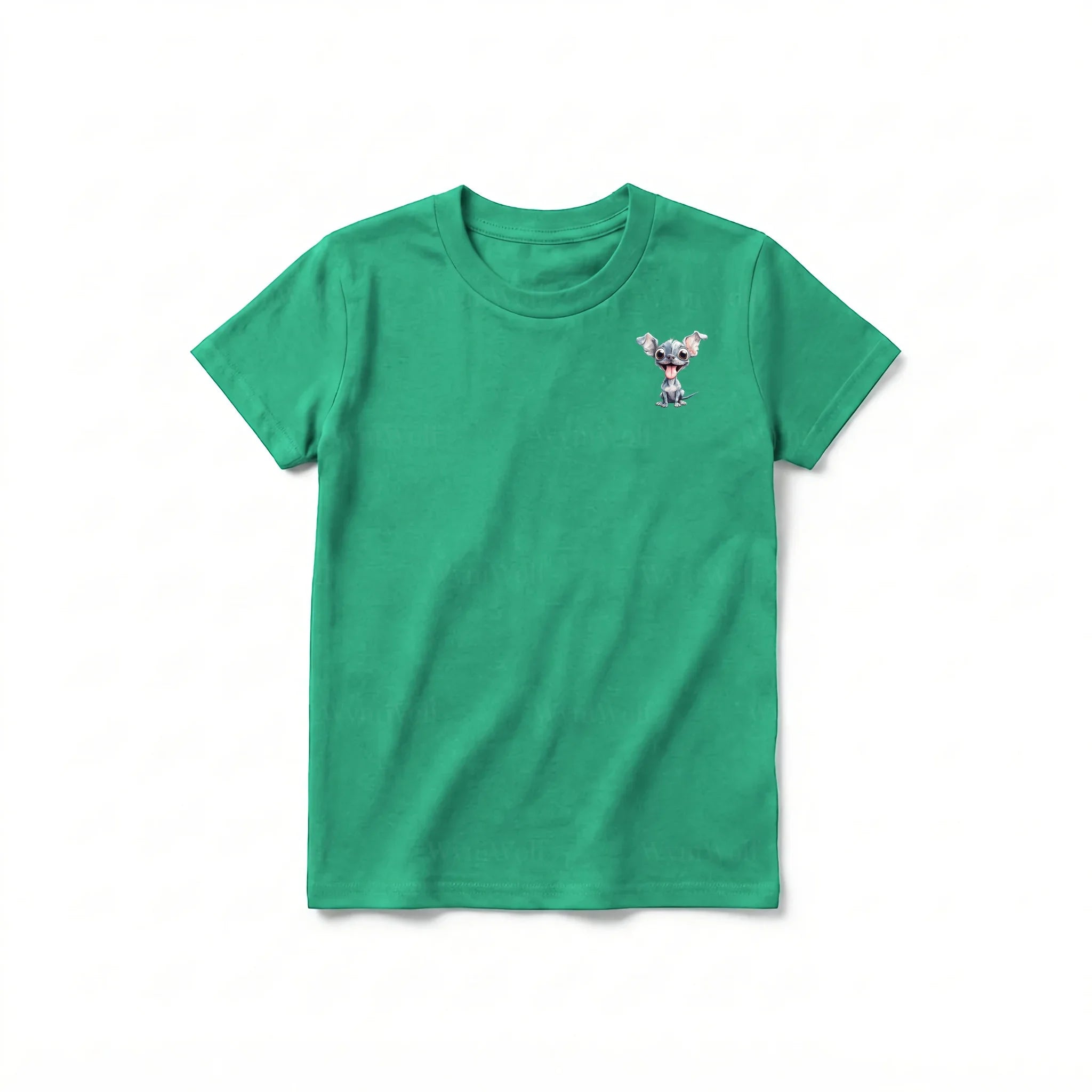 A kelly short-sleeve crewneck t-shirt for youth featuring a graphic of a dog on the left chest.