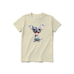 A latte short-sleeve crewneck t-shirt for youth featuring a graphic of a dog on the front.
