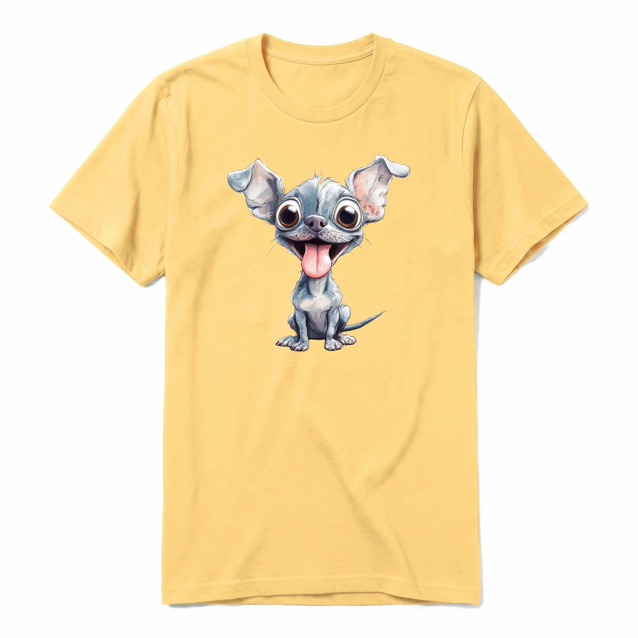 Un T-shirt moutarde à manches courtes et col rond, orné d'un motif représentant un chien sur le devant.
