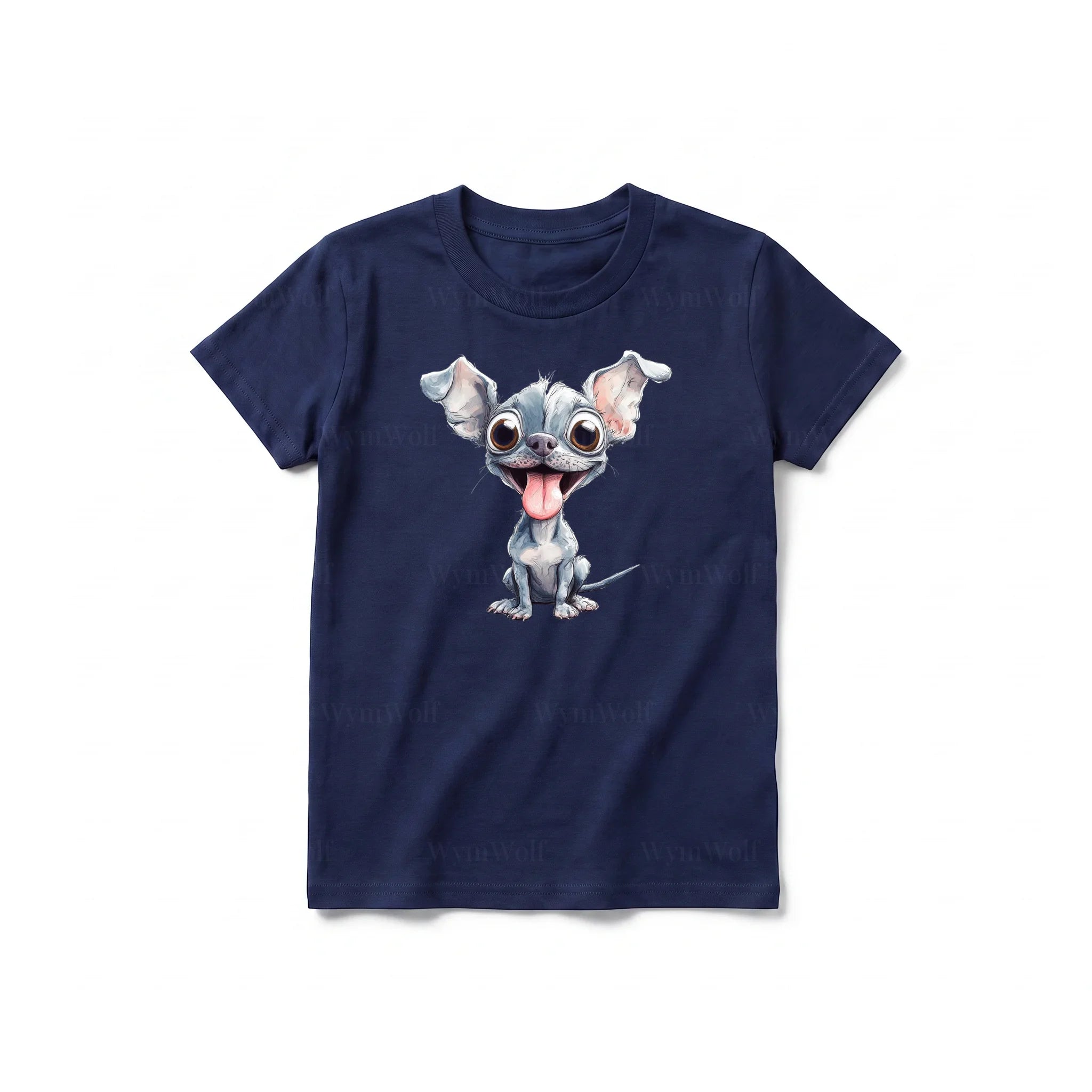 A navy short-sleeve crewneck t-shirt for youth featuring a graphic of a dog on the front.