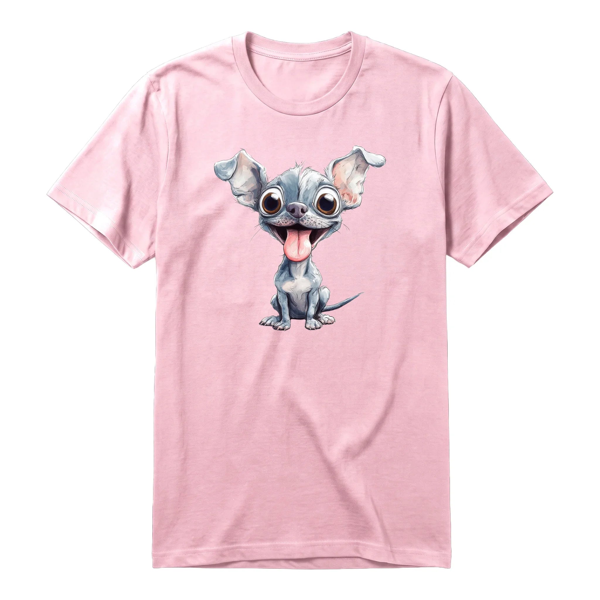 A pink short-sleeve crewneck t-shirt for adult featuring a graphic of a dog on the front.